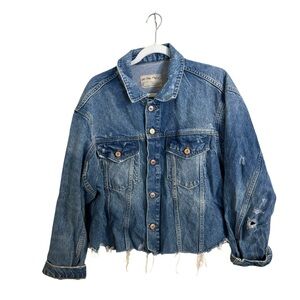 We The Free Distressed Cotton‎ Blend Cropped Denim Jacket Large